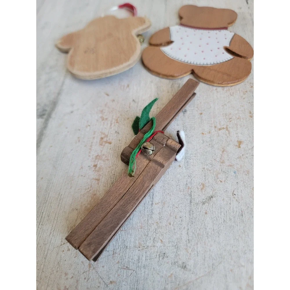 Vintage Santa Claus Bell reindeer wooden ornament Xmas set unique
